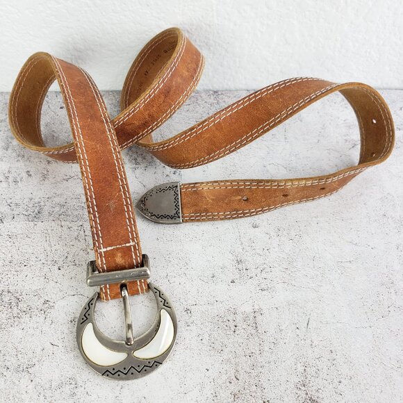 Vintage Genuine Leather Belt tan Brown Art Deco Bohemian Ethnic Western size L - Picture 2 of 8